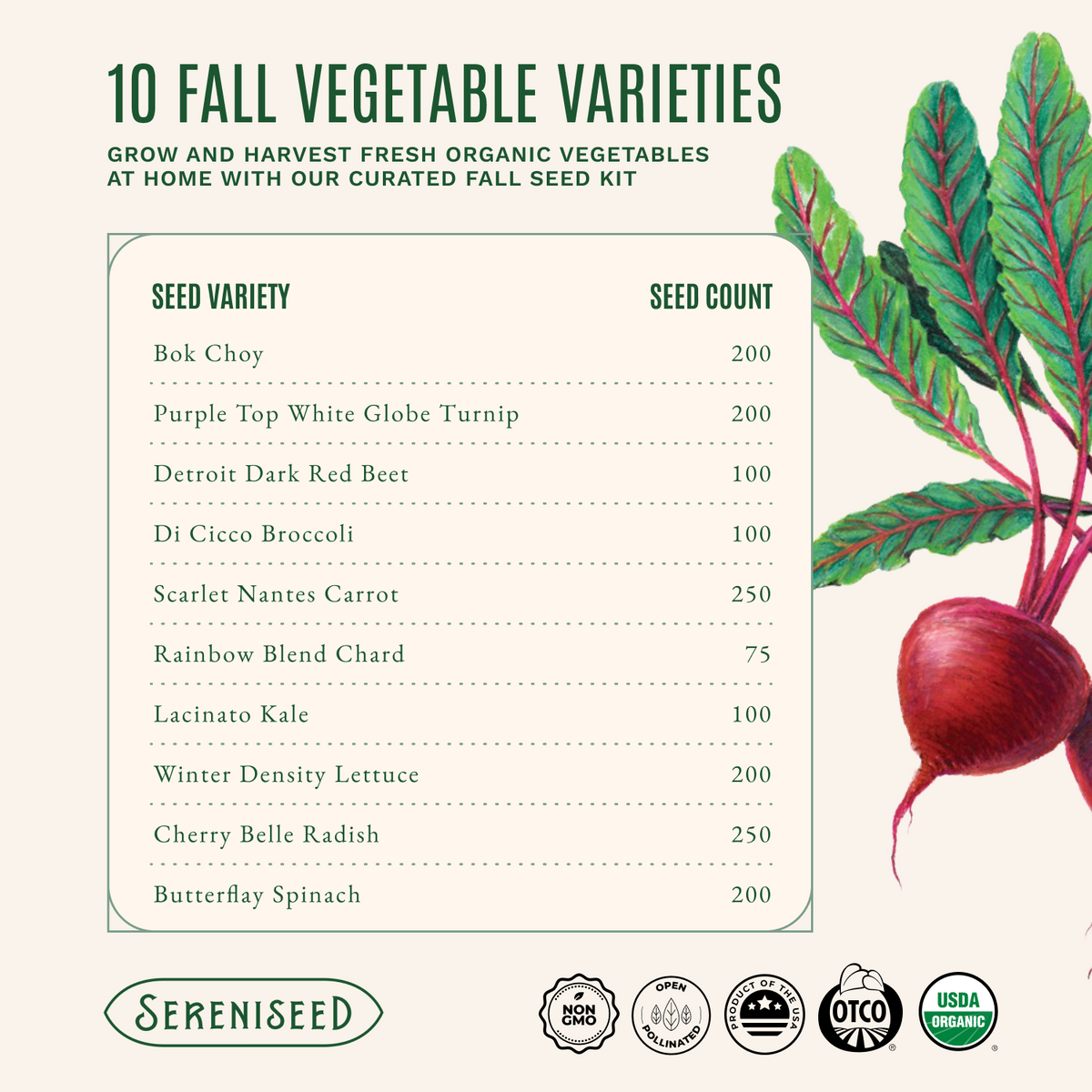 Certified USDA Organic Fall Vegetable Seeds 10-Pack