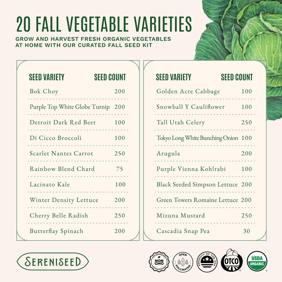 Certified USDA Organic Fall Vegetable Seeds 20-Pack
