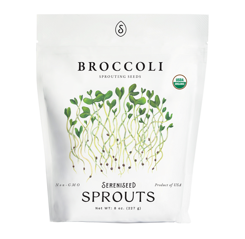 Sereniseed, purveyors of heirloom and organic seeds, now offer broccoli sprouting seeds as a nutritional addition to your home garden. Broccoli sprouts are rich in sulforaphane, vitamin C, vitamin K, and folate (vitamin B6) and antioxidants and they add a delicious fresh, crisp flavor with a mildly pepperiness. These non-GMO seeds comes in an 8 ounce re-sealable pouch to keep seeds fresh for continuous harvest of sprouts ready for your next recipe, like topping salads, soup, or stir-fry!