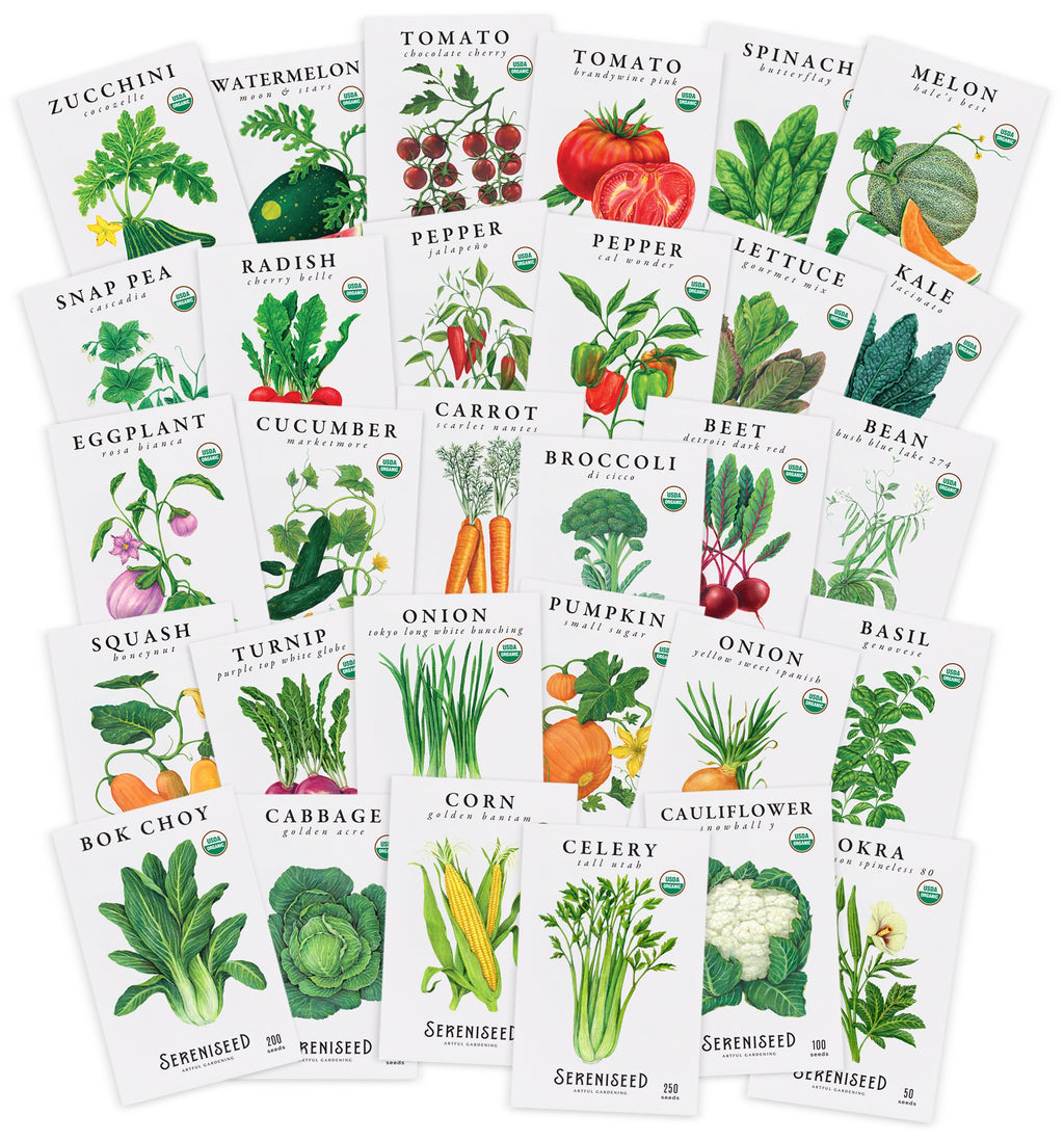 An image of all 30 seed packets included in the Sereniseed 30 vegetable variety pack of organic and heirloom seeds. Each seed packet has a hand drawn illustration of the vegetable it grows on the front of the packet, which makes them a striking and memorable for both gardening and gifting.